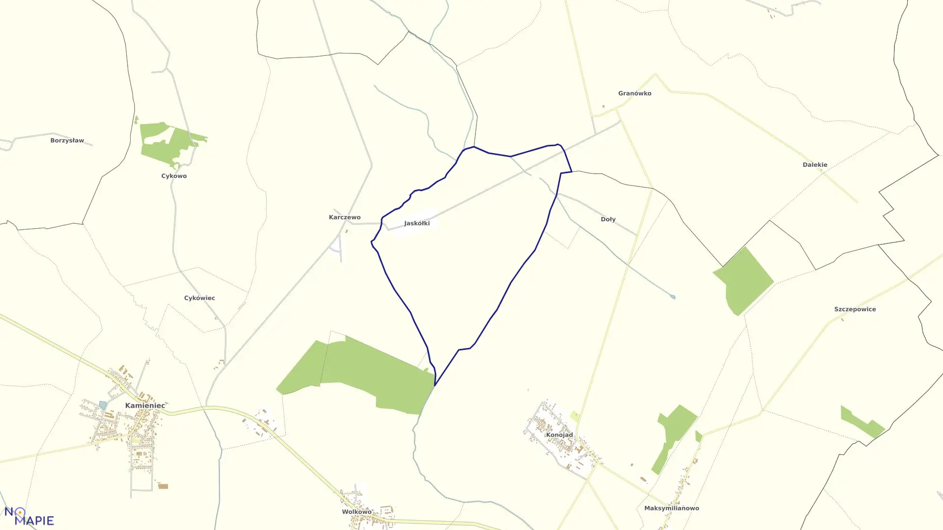 Mapa obrębu JASKÓŁKI w gminie Kamieniec